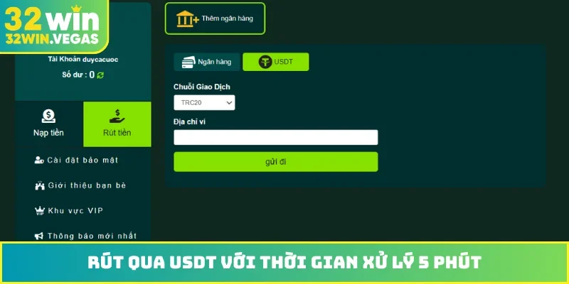 Rút qua USDT với thời gian xử lý 5 phút