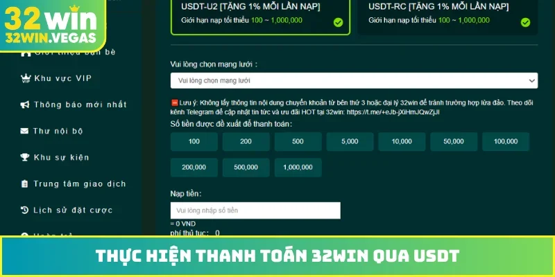 Thực hiện thanh toán 32WIN qua USDT